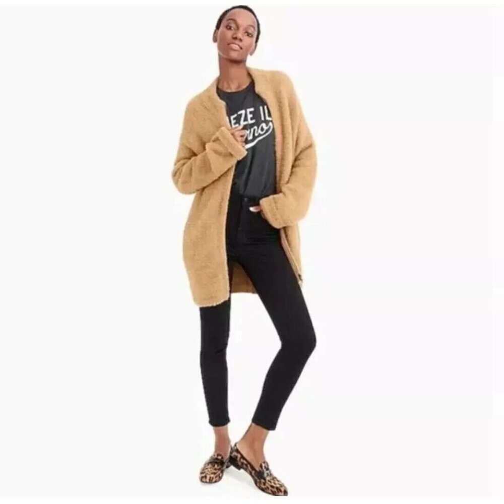 J CREW Point Sur Cardigan Sweater‎ Jacket Womens M Fuzzy Zip Up Oversized Camel